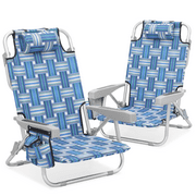 MoNiBloom Folding Beach Chairs Set of 2 with Side Pocket, Portable Camping Seats with Cooling Pocket, for Outdoor Patio Lawn, Blue Stripes